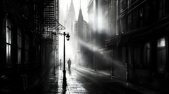 Fototapeta A Solitary Figure Walking Down a Dark City Alleyway in Black and White