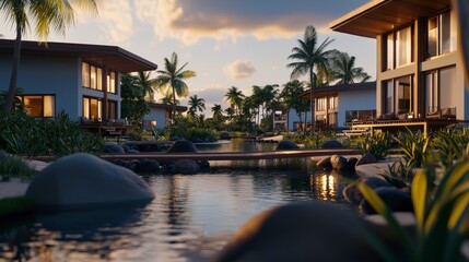 Fototapeta premium Luxurious resort retreat by the tranquil lagoon tropical paradise scenic view relaxation concept