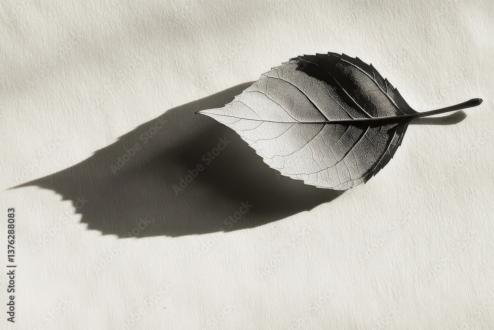 Poster a single leaf resting on a surface with its dark shadow cast