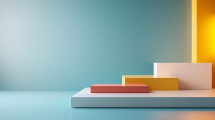 minimalist composition featuring geometric shapes in pastel colors, including red rectangle, yellow cube, and white block, set against blue and yellow background