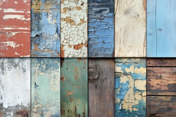 Naklejka premium Weathered wooden panels with deep, rich textures and peeling paint, showing signs of age and wear. The grain of the wood is visible, and the surfaces are cracked and uneven
