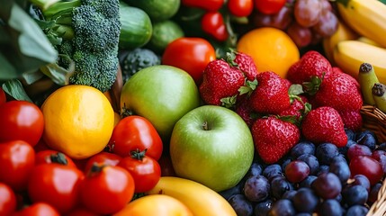 Colorful variety of fresh produce featuring an assortment of fruits and vegetables in a basket