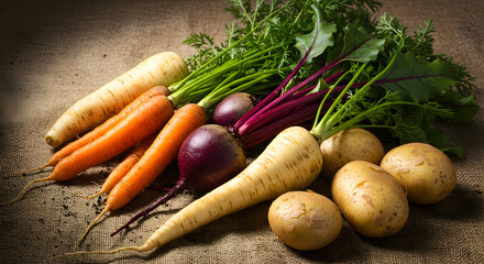 Freshly harvested root vegetables with soil on a rustic burlap sack