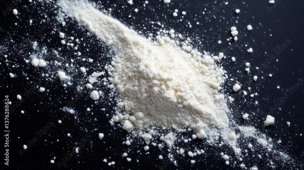 Poster a close-up view of a white powder scattered on a dark surface, creating an abstract texture and cont