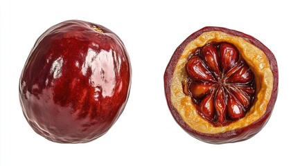 Close-up view of a whole and halved fruit.  Deep red glossy exterior,  pale yellow interior.  Noticeable seed pattern