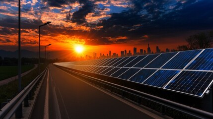Obraz premium Aerial view of sunset urban landscape solar energy generation and sustainable eco-friendly photography