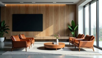 Modern minimalist office lobby with leather armchairs and large TV screen, leather, minimalist