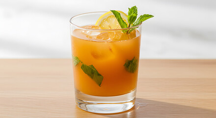 Refreshing peach and basil smash cocktail served in glass on wooden surface