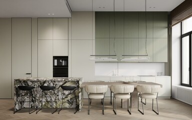 Luxury home kitchen interior with stone bar island and chairs, table and cabinet on hardwood floor. Stylish wooden cooking space and panoramic window. 3D rendering