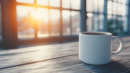 A white coffee mug on a wooden table in front of a window  long title A simple yet cozy morning