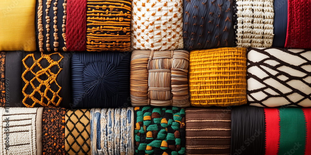 Poster colorful textiles arranged neatly showcasing different patterns and textures. unique fabric options 