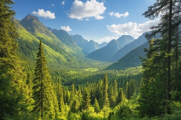 Fototapeta premium Vibrant green valley surrounded by majestic mountains under a clear blue sky in the afternoon