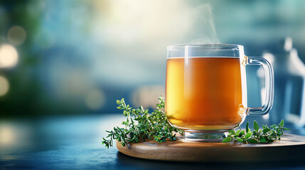 steaming glass of herbal tea sits on wooden tray, surrounded by fresh thyme, creating warm and inviting atmosphere. blurred background adds serene touch to scene