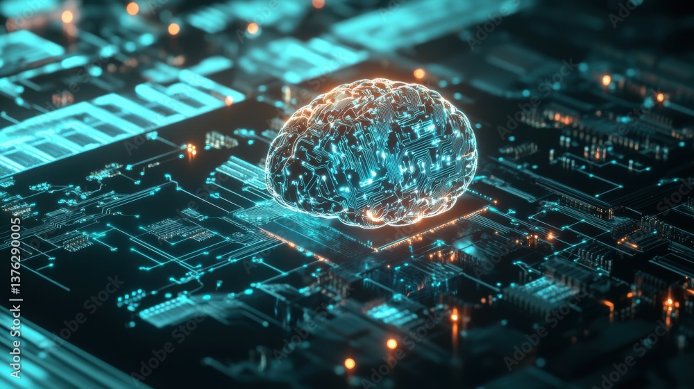 Poster a digital brain embedded in a circuit board, symbolizing the intersection of artificial intelligence
