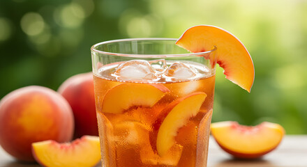 Refreshing Peach Iced Tea with Fresh Peach Slices on a Sunny Summer Day