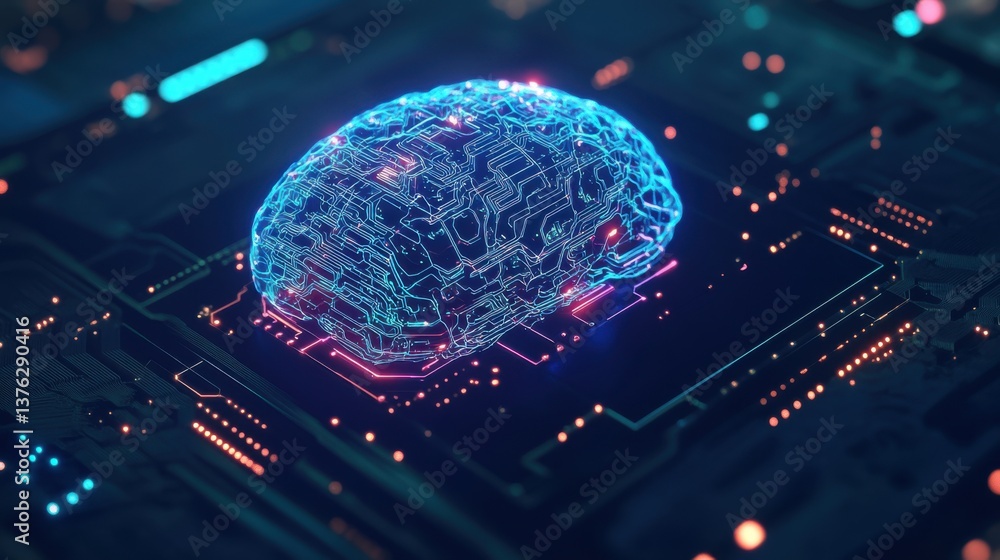 Poster a vibrant, digital illustration of a brain connected to circuitry, representing artificial intellige