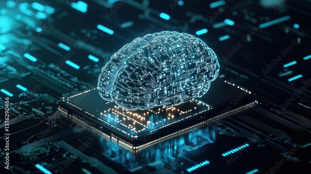 Poster a digital brain sits atop a circuit board, symbolizing the intersection of technology and artificial