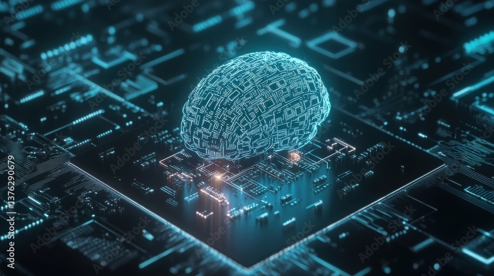 Poster a digital representation of a brain on a microchip, symbolizing the intersection of artificial intel