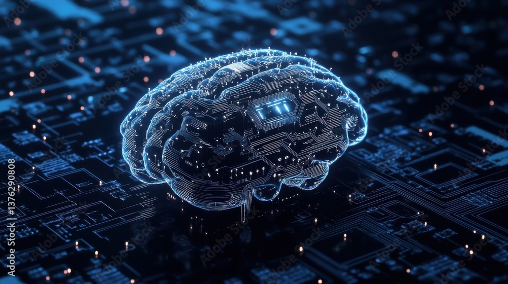 Poster a digital representation of a brain made from circuitry, symbolizing the fusion of technology and ar
