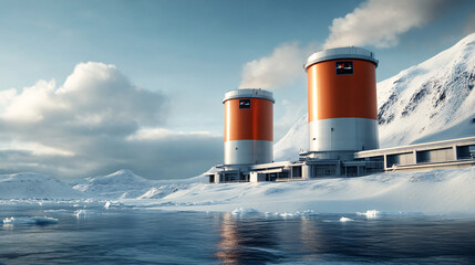 Obraz premium futuristic ice preservation facility with two large orange cylindrical structures stands amidst snowy landscape by calm icy lake, under partly cloudy sky