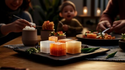 Fototapeta premium Family gathering enjoying colorful jellies home dining room food photography cozy atmosphere warm lighting
