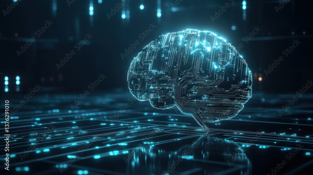 Poster a futuristic representation of a brain composed of digital circuits, symbolizing artificial intellig