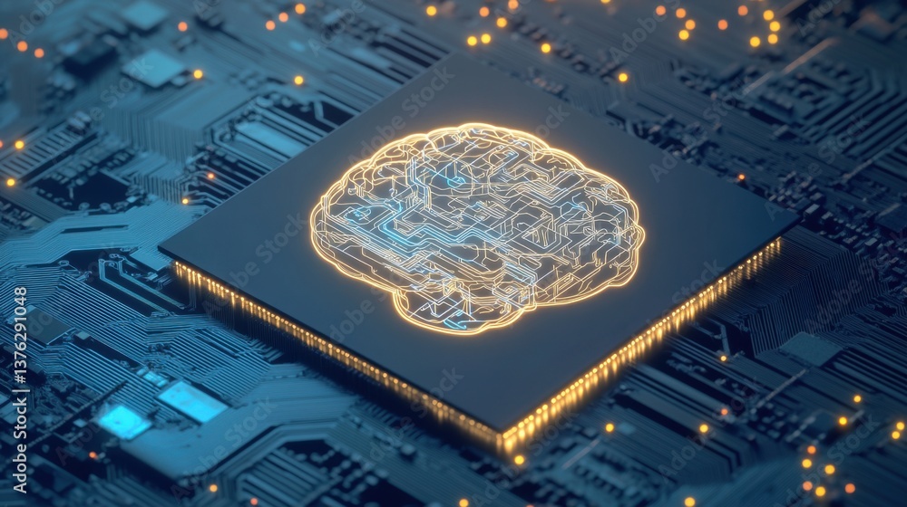 Poster a glowing brain-shaped design on a microchip, surrounded by intricate circuitry and glowing lights, 