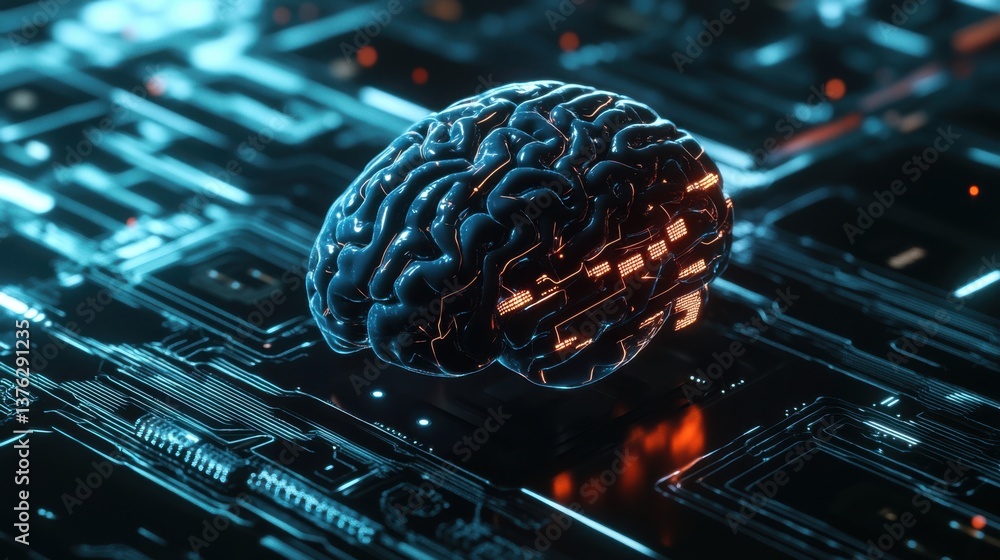 Poster a futuristic depiction of a brain on a digital circuit, symbolizing the intersection of neuroscience