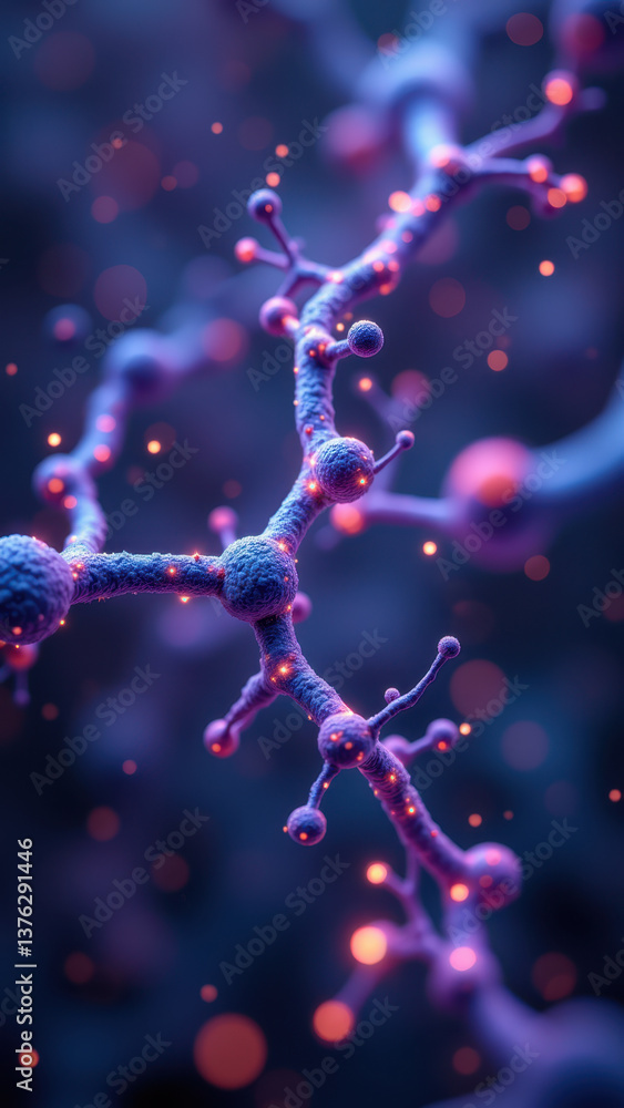Poster stunning microscopic view of a neuron with vibrant colors, highlighting its complex structure and th