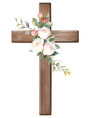 Watercolor vector cross with white roses and leaves. Oriental Catholic symbol. Easter, mourning, religious design elements, eucharisma, church festival.