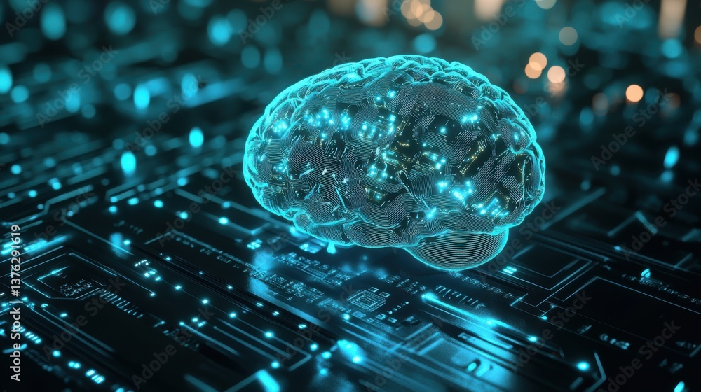 Poster a glowing digital brain sits atop a circuit board, symbolizing the intersection of technology and in