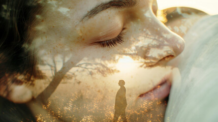 Double exposure portrait symbolizing widowhood grief and loss.