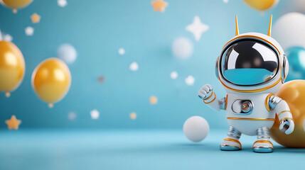 cute astronaut robot stands cheerfully among colorful balloons and stars, set against bright blue background. scene is playful and festive, perfect for kids party theme