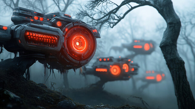 Futuristic machines with glowing red lights hover in misty, eerie forest, blending technology with nature. scene evokes sense of mystery and tension, with barren trees adding to atmosphere