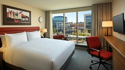 Inviting hotel suite featuring a city view and a comfortable workspace setup