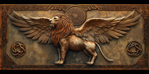 Winged lion sculpture displayed prominently against an ancient stone background. The intricate designs highlight the artistry and craftsmanship