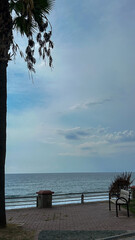 Palm Tree And Bench On Seaside Promenade With Cloudy Sky, Coastal Scene In Turkey, Daytime, Concept Of Tranquility, Nature Travel, Ideal For Tourism Promotion, Wellness, Summer Vacation
