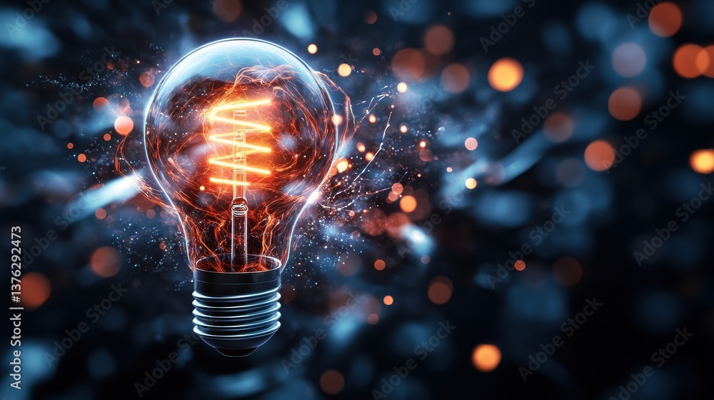 Poster a glowing incandescent light bulb with swirling fiery filament illuminated against dark background w