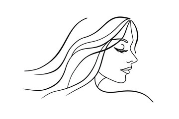 Elegant Woman Profile, Line Art, Hair Flowing, Peaceful Expression, Serene, Minimalist,