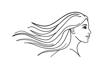 Elegant Woman Profile, Long Hair Blowing in Wind, Line Art