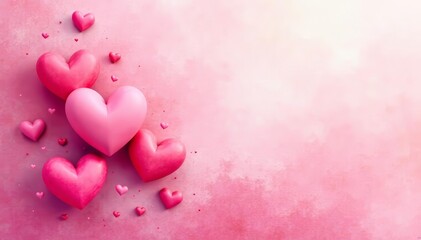 Pink hearts on soft watercolor background for romantic Valentine's Day, love, celebration, sweet