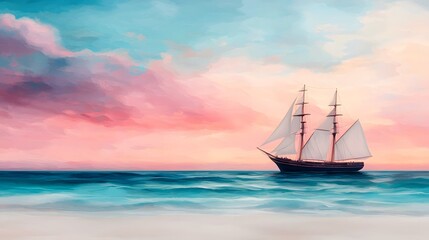 Fototapeta premium Sailboat silhouetted against a vibrant sunset over the ocean