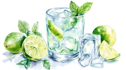 Fototapeta premium Mojito cocktail in a glass with mint lime and ice on a white background