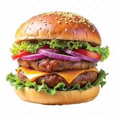 tasty and fresh beef burger with cheese and salad isolated on white background