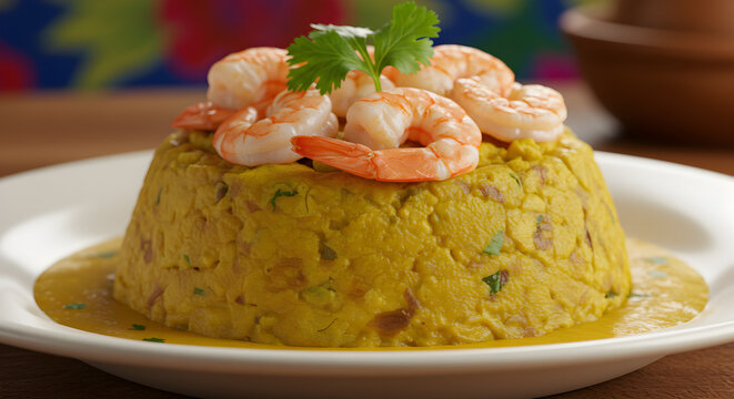 Delicious Puerto Rican mofongo dish with shrimp, an exotic food presentation