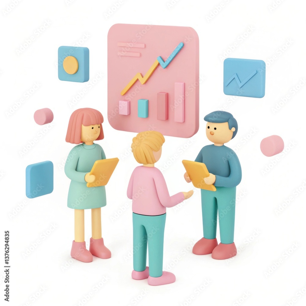 Poster a colorful illustration of three people discussing data trends, surrounded by graphs and charts, sho