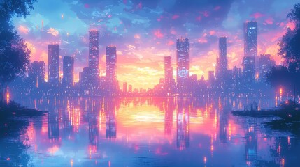 Fototapeta premium Reflections of a Futuristic Metropolis at Dusk in Dreamy Pastel Hues