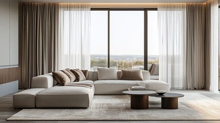 Fototapeta premium Serene modern living room interior with minimalist design and natural light