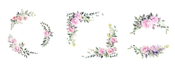 Vector watercolor floral border wreath. Spring pink roses frame with leaves, yellow grass flowers,Cards, invitations, decorative borders garlands. Wedding, Mother's Day, Valentine's Day, Women's Day
