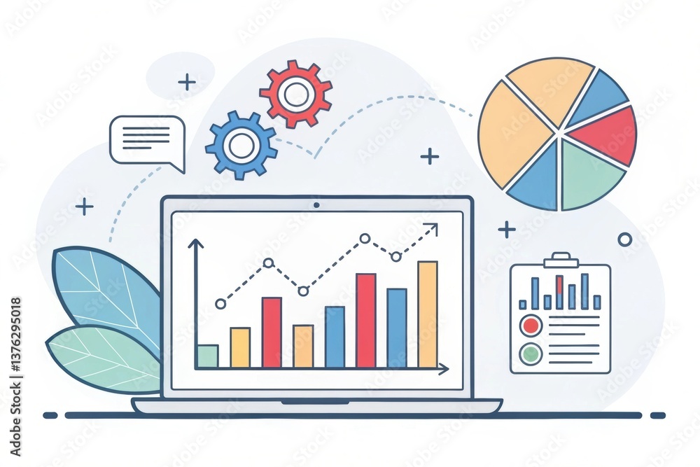 Poster a laptop displays colorful graphs and charts, illustrating data analysis with gears and leaves, symb